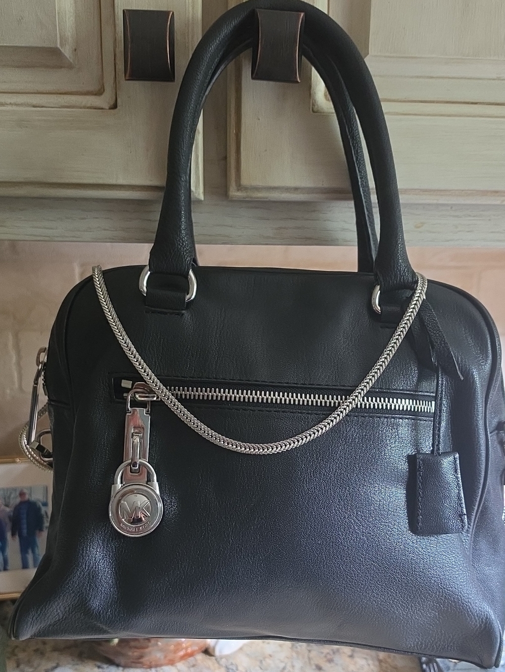 Michael Kors Black Leather Dome Satchel Too Handle LOCK & KEY